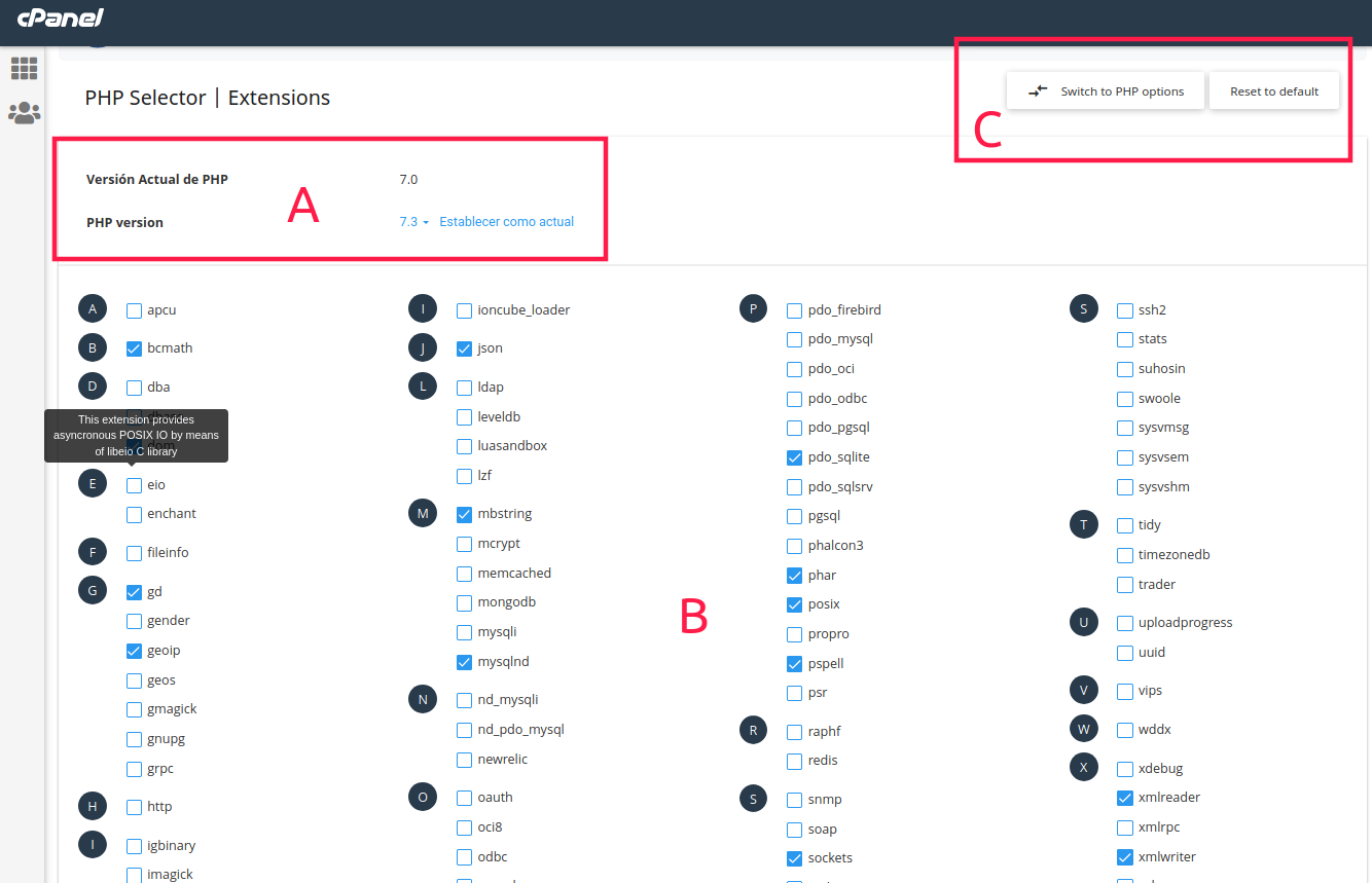 Como Se Usa El Selector De Versiones De Php Extensiones Y Opciones De Php En Linux Cpanel Guias Y Manuales